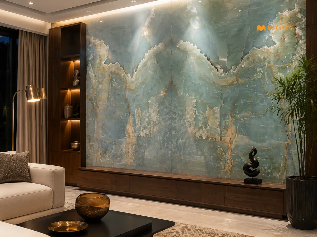Celadon Blue Glossy Onyx Tile on Wall
